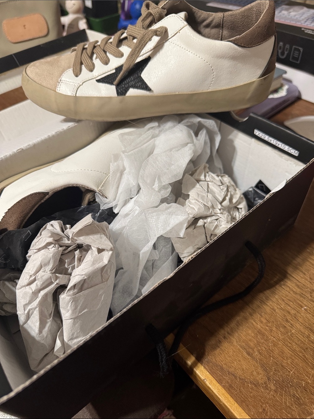 ShuShop White Sneakers with Brown Accents and Black Star